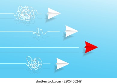 Competition paper planes with doodle line. Concept of business, leadership, problem solution, success, education, goal challenge, mission target, think different, standout vision, courage management