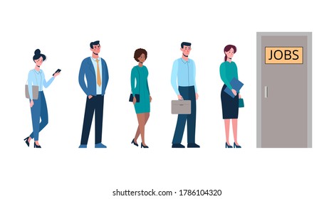 Competition of people for jobs, queue for an interview. Unemployment, crisis. Business people want to get a job. Vector illustration, flat isolated.