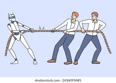 Competition peoples and robot in tug of war, as metaphor for struggle for job. Strong robot demonstrates superiority over office employees are unable to defeat technology and innovation in business.