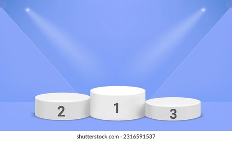 Competition podium in blue interior. 3D vector mockup