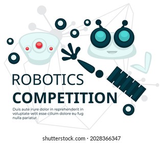 Competition with presentation of robots and humanoids. Robotics education and production. Androids with artificial intelligence, development and automatization of models. Vector in flat style