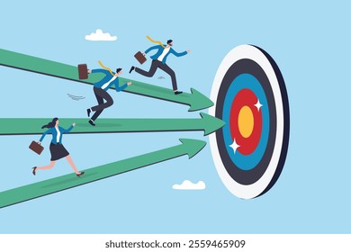 Competition or race to reach business goal or target, effort or challenge to achievement, motivation, progress or performance win business competition concept, business people run on arrow to target.