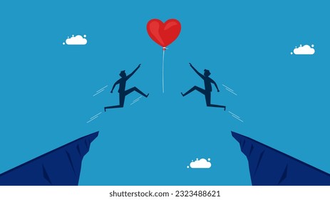 Competition for recognition. Two businessmen jumping for heart balloon