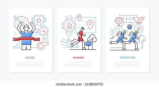 Competition and records - line design style banners set with editable stroke and place for text. Running, endurance training, champion wins prizes, healthy lifestyle and sports idea