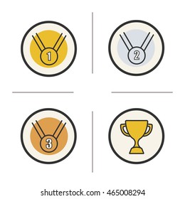 Competition rewards color icons set. Winner cup, gold, silver and bronze medals. Sport games award ceremony items. Isolated vector illustrations