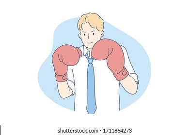 Competition, rival, challenge, business concept. Young confident smiling businessman cartoon character office clerk manager with boxing gloves, looking at camera.