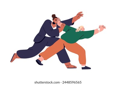 Competition and rivalry concept. Business women, toxic colleagues rivals in fierce conflict, aggressive struggle, fight for career success. Flat vector illustration isolated on white background