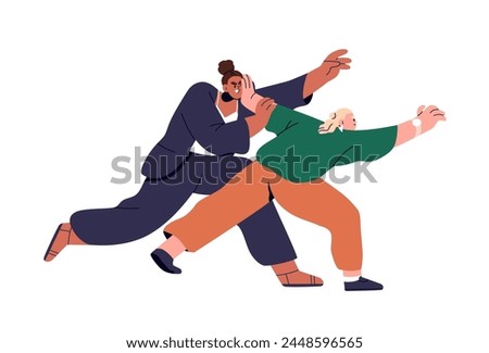 Competition and rivalry concept. Business women, toxic colleagues rivals in fierce conflict, aggressive struggle, fight for career success. Flat vector illustration isolated on white background