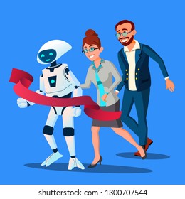 Competition, Robot First Came To The Finish Line, Faster Than People Vector. RPA Robotic Progress. Isolated Illustration