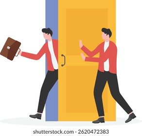 Competition, shut out,Businessman prevents companion from entering the door

