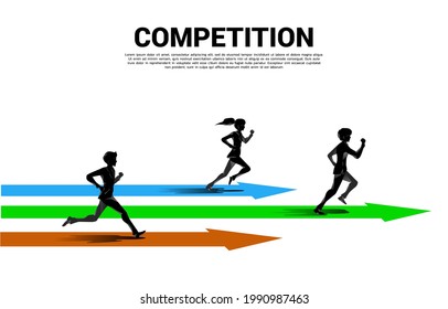 competition of silhouette of businessman and businesswoman running with arrow. business concept for competition