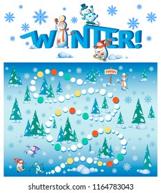 Competition snowmen in the winter forest. Who came to the finish line? The design of the educational game with the inscription WINTER. Snowmen in the style of cartoon characters.