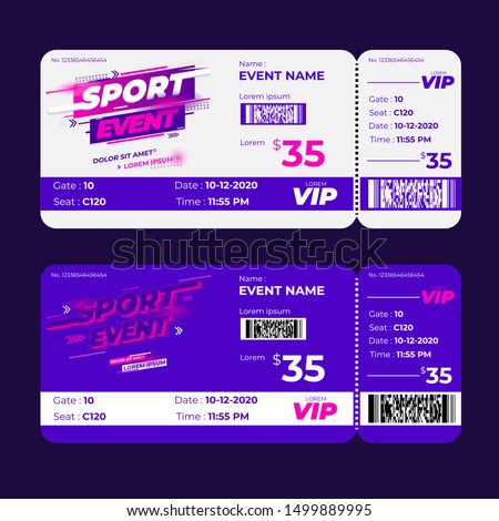 competition sport event ticket, when the session is being held, on the sports field, for spectators who buy tickets, with color purple pink and white