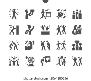 Competition. Sport and running competition. Winner, trophy and award. Warm up activities. Sport success. Vector Solid Icons. Simple Pictogram