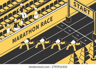 Competition start isometric composition with view of sport stadium with people and athletic track start line vector illustration