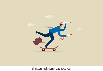 Competition  a Startup Business. Entrepreneur is eager to make money for company. Ready businessman holding a rocket with a skateboard. Illustration
