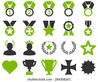 Competition & Success Bicolor Icons. This icon set uses eco green and gray colors, rounded angles, white background.
