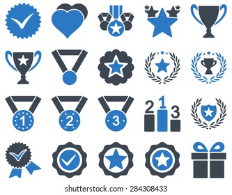 Competition & Success Bicolor Icons. This icon set uses smooth blue colors, rounded angles, white background.