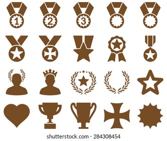Competition & Success Bicolor Icons. This icon set uses brown color, rounded angles, white background.