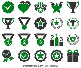 Competition & Success Bicolor Icons. This icon set uses green and gray colors, rounded angles, white background.