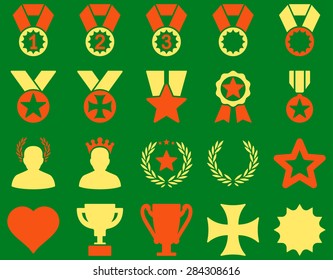 Competition & Success Bicolor Icons. This icon set uses orange and yellow colors, rounded angles, green background.