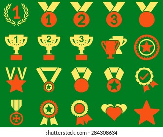 Competition & Success Bicolor Icons. This icon set uses orange and yellow colors, rounded angles, green background.