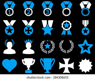Competition & Success Bicolor Icons. This icon set uses blue and white colors, rounded angles, black background.