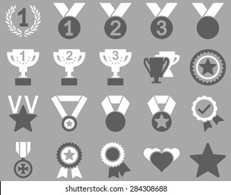 Competition & Success Bicolor Icons. This icon set uses dark gray and white colors, rounded angles, silver background.