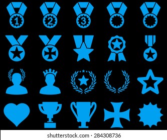 Competition & Success Bicolor Icons. This icon set uses blue color, rounded angles, black background.