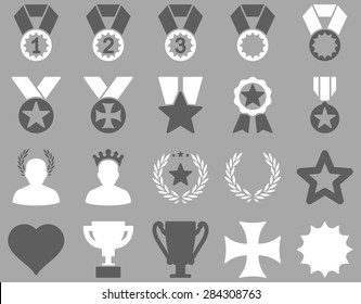Competition & Success Bicolor Icons. This icon set uses dark gray and white colors, rounded angles, silver background.