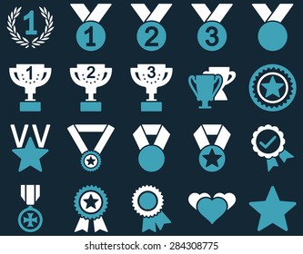 Competition & Success Bicolor Icons. This icon set uses blue and white colors, rounded angles, dark blue background.