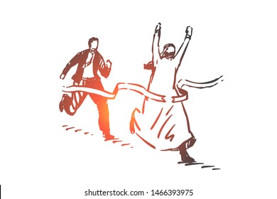 Competition, success, leadership, champion, winner concept sketch. Business people Arab and European taking part in competition, Arab winning. Hand drawn isolated vector illustration