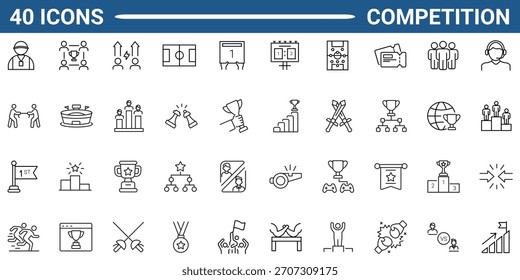 Competición, juego de iconos de la línea de torneo. Contiene iconos relacionados con Competición, torneo, campeonato y juegos. Trazo editable. Ilustración vectorial