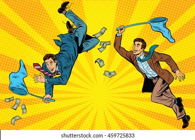 Competition, two businessmen catching money with a butterfly net, pop art retro comic book vector illustration