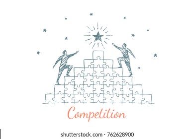 Competition. Two men climb the puzzles to the star, puzzles in the form of a pyramid. Vector illustration, business concept, hand drawn sketch.
