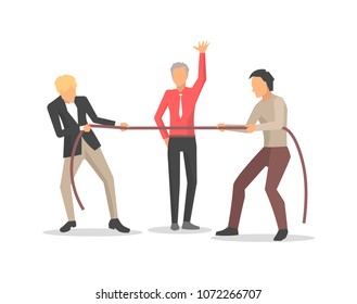 Competition of two men in process of businesstraining, business people pulling rope, as symbol of power on vector illustration isolated on white