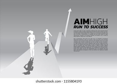 competition of two silhouette of businessman and businesswoman running with arrow. business concept for competition