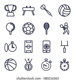 competition vector icons. Set of 16 competition outline icons such as stopwatch, tennis playing, trophy, medal, football pitch, football on phone, goal post, tennis rocket