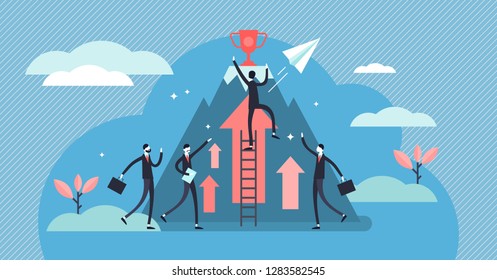 Competition vector illustration. Flat tiny business persons goals concept. Success symbol for professional leader direct achievement award. Cooperation and teamwork strategy effort accomplishment.