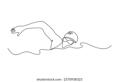 Competition vector minimalistic sport background. Sport event. One continuous line drawing of swimmer, Continuous line young male swimming vector.