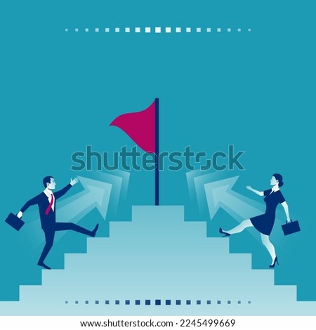 Competition for victory concept. Business people. Vector illustration flat design. Man and a woman race a runner-up to victory. Competition way to success. Flag as a symbol of achieving the goal.