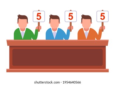 competition where the jury raises the signs and gives marks. flat vector illustration.