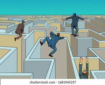 Competition, who will be the first to pass the maze. Pop art retro vector illustration kitsch vintage 50s 60s style