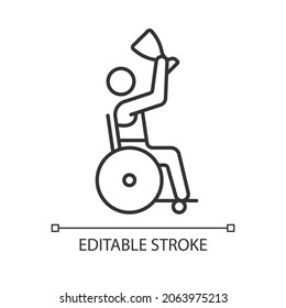 Competition winner with disability linear icon. Athlete holding prize cup. Disabled sportsmen. Thin line customizable illustration. Contour symbol. Vector isolated outline drawing. Editable stroke