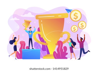 Competition winner holding golden trophy and medal. Leadership and achievement. Prize pool, prize money distribution, tournament main prize concept. Bright vibrant violet vector isolated illustration