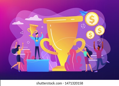 Competition winner holding golden trophy and medal. Leadership and achievement. Prize pool, prize money distribution, tournament main prize concept. Bright vibrant violet vector isolated illustration