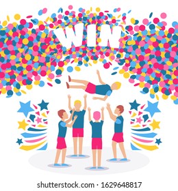 Competition winners celebrating victory, vector illustration. Sport contest champion team, flat cartoon style. Colorful confetti with place for text. Win marathon, be best in sport and achieve success