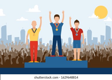 Competition winners on pedestal, vector illustration. Sport contest champions on stage with medals, win in front of cheering crowd of fans. Award winning sportsmen celebrating victory in city outdoor