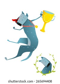 Competition Winning Red Happy Dog Jumping with Cup and Medal. Winner dog celebrating victory. Colorful cartoon illustration. Vector EPS10. 