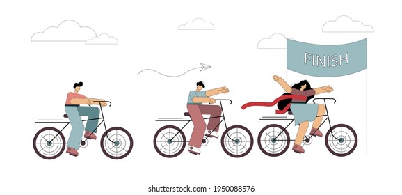 Competition women and men. Bicycle competition 3 people. Business cycling competition to success. The woman crosses the finish line first. Vector illustration